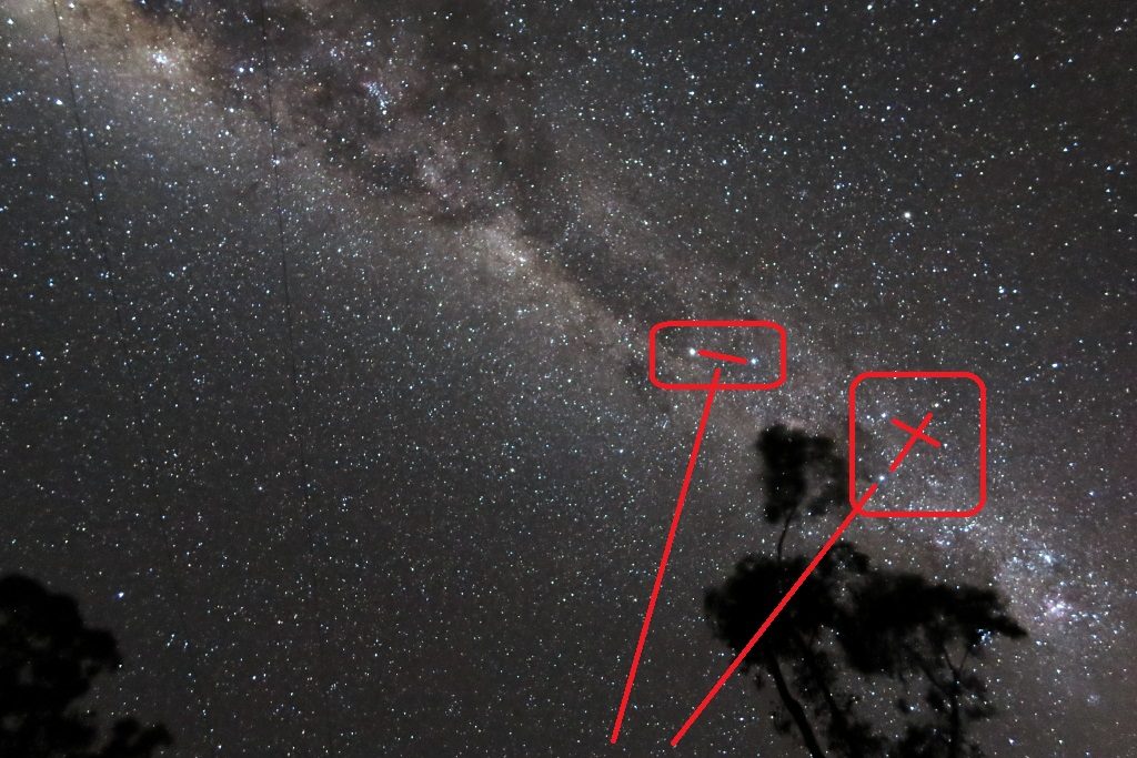 The Pointers on the left (Alpha Centauri and Beta Centauri) and the Southern Cross on the right.